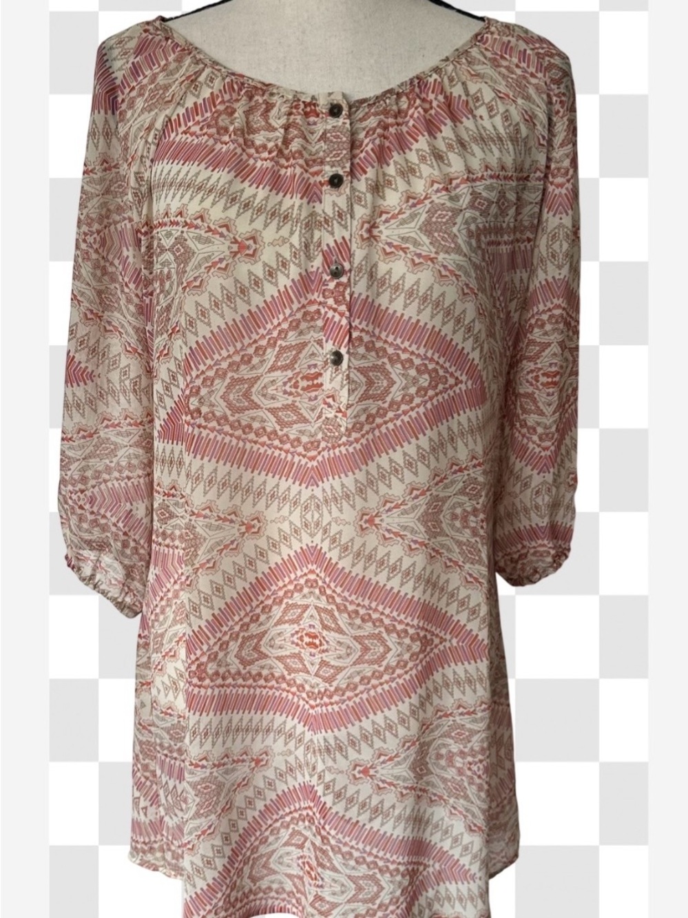 Jockey Geometric Peasant Sheer Tunic Top Pink Beige Boho Whimsical Festival Chic